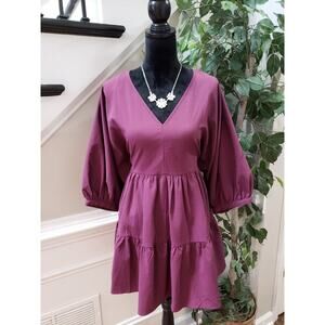 Entro Women's Purple Pleated Polyester Short Sleeve V Neck Tunic Dress Size S